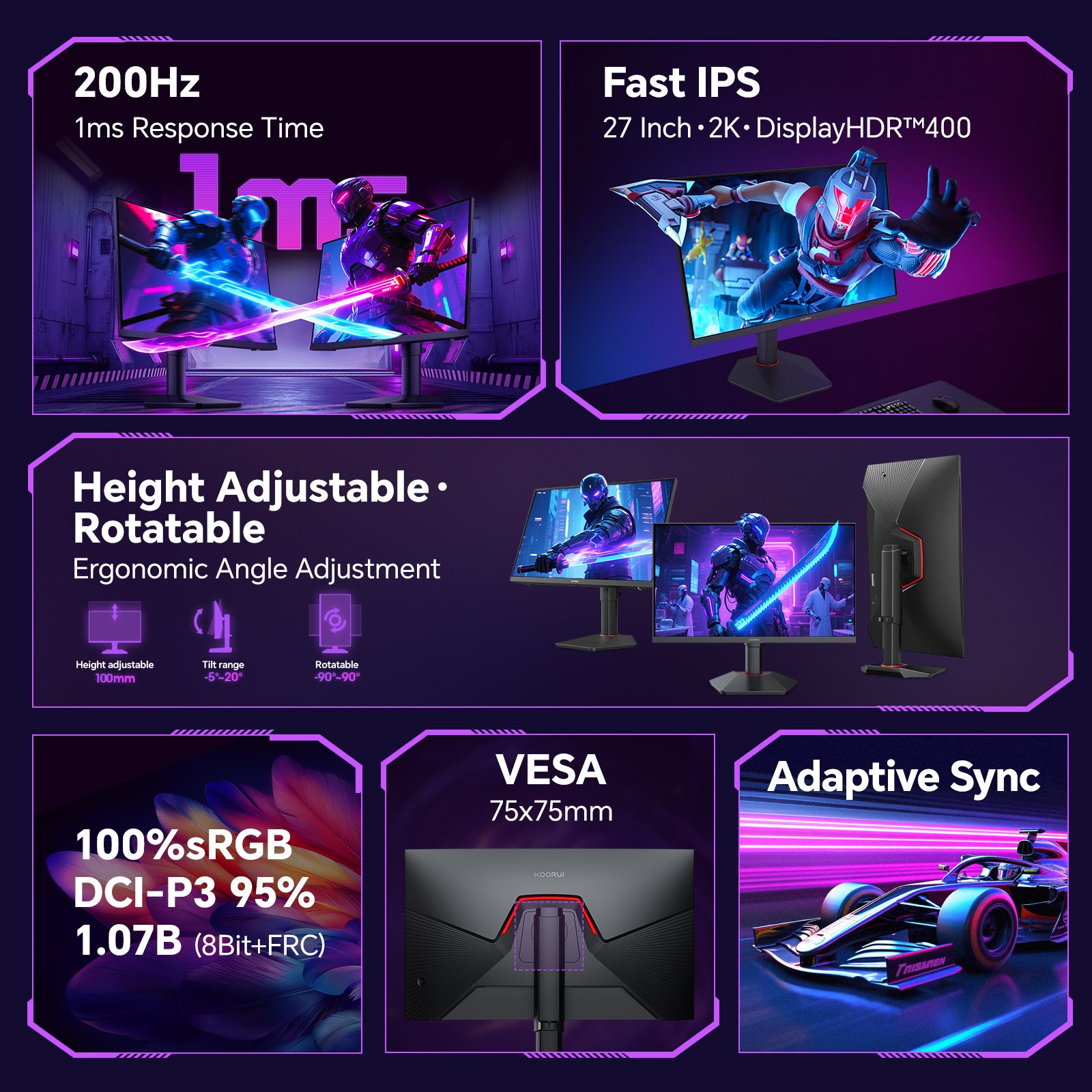 KOORUI G2722P 27" QHD 200Hz Fast IPS Gaming Monitor - Image 3